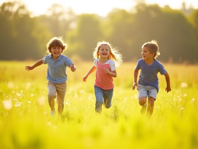 Children laughing and running through a sun-dappled field during an outdoor education program, embodying physical activity and joy.